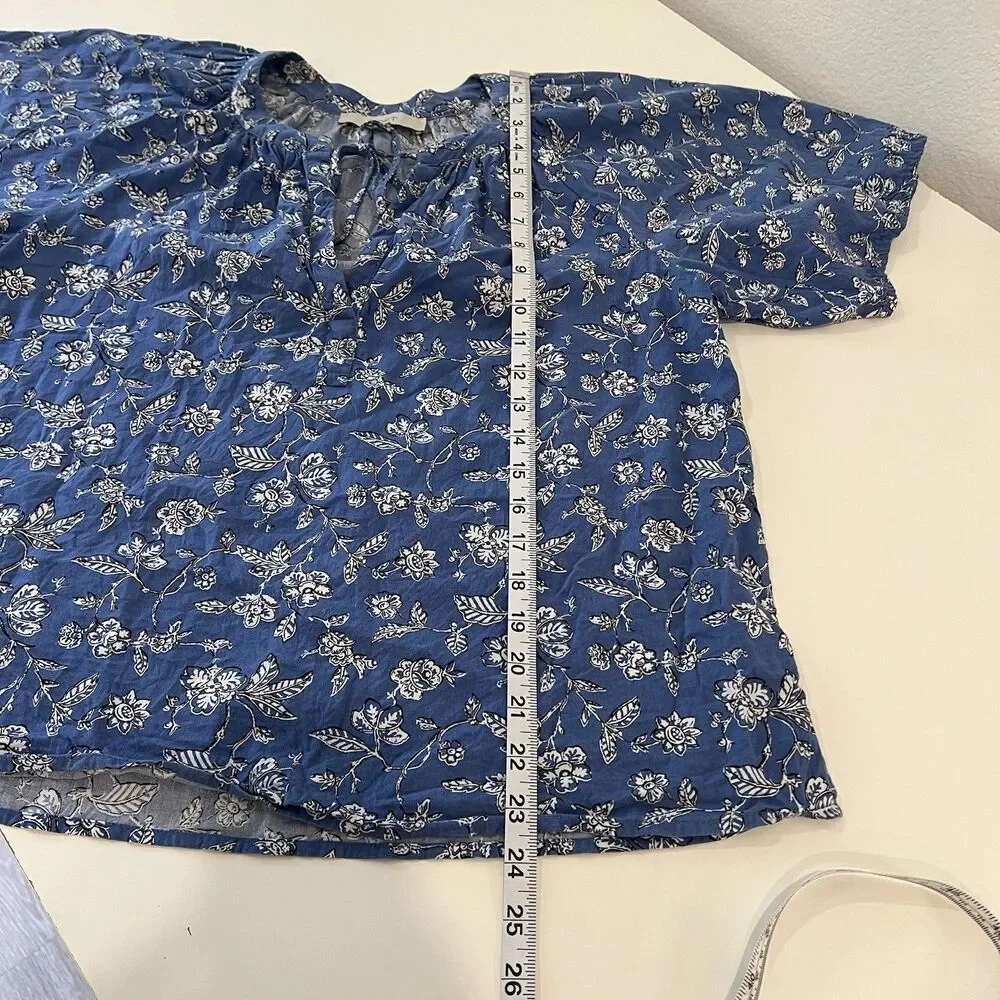 Loft Blue Floral Puff Sleeve Split Neck Blouse small cottagecore teacher dainty